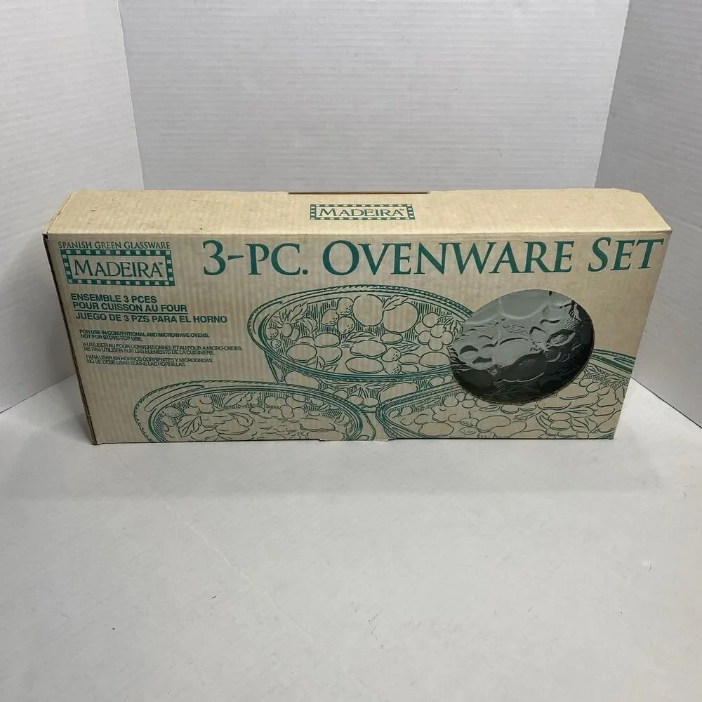 Indiana Glass Madeira 3pc Green Ovenware Set Casseroles Libbey Orchard Fruit VTG